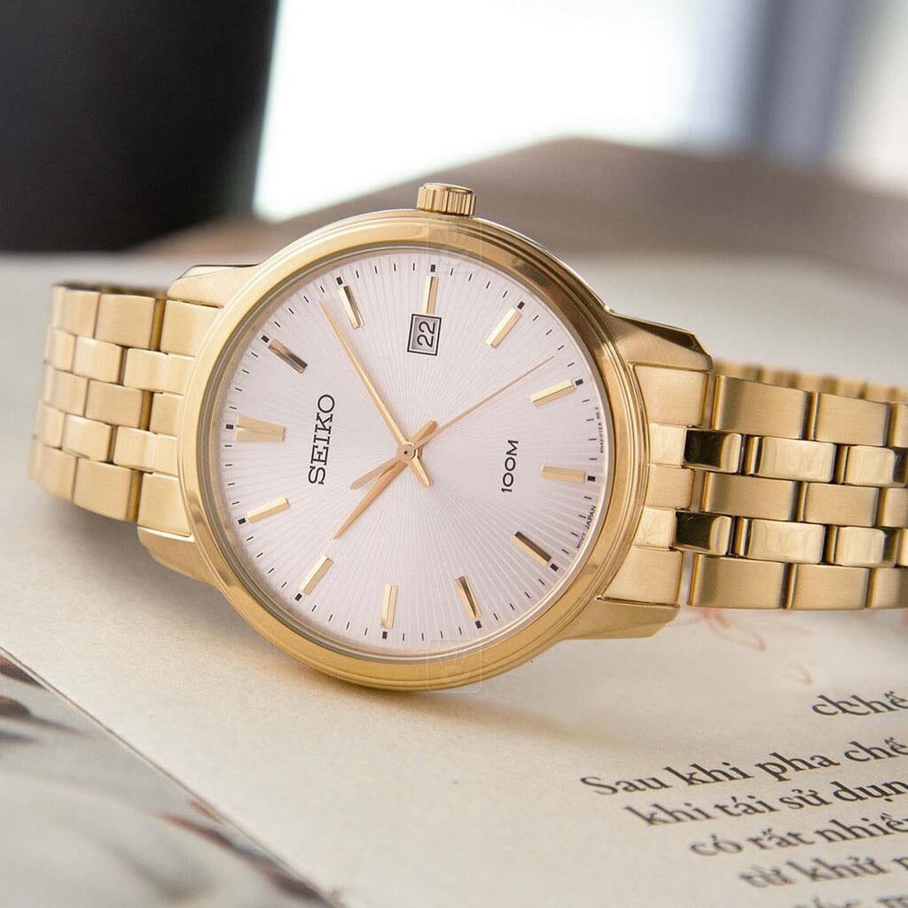 SEIKO Classic Quartz White Dial Yellow Gold-Tone Ladies Watch SUR412, Gold, Quartz Movement
