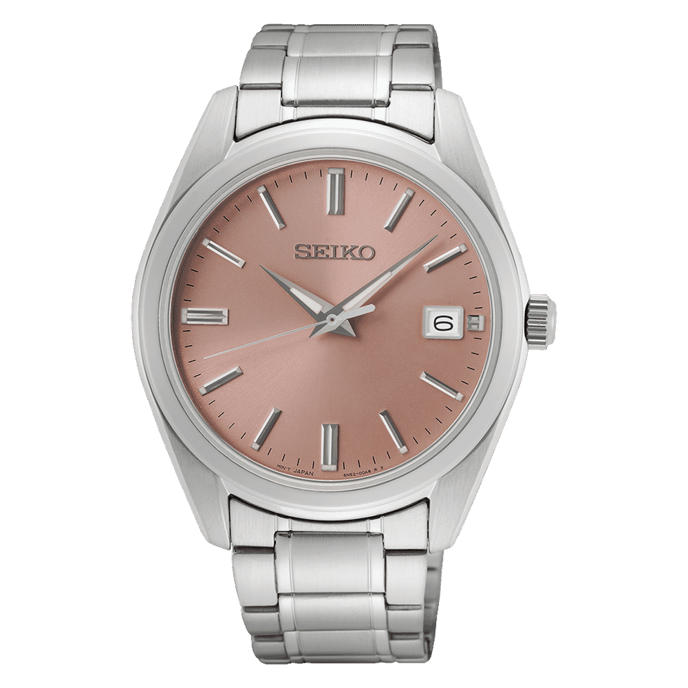 ساعة سيكو رجالية كوارتز بعقارب مع سوار من الستانلس ستيل SUR523P1، قرص وردي، سوار