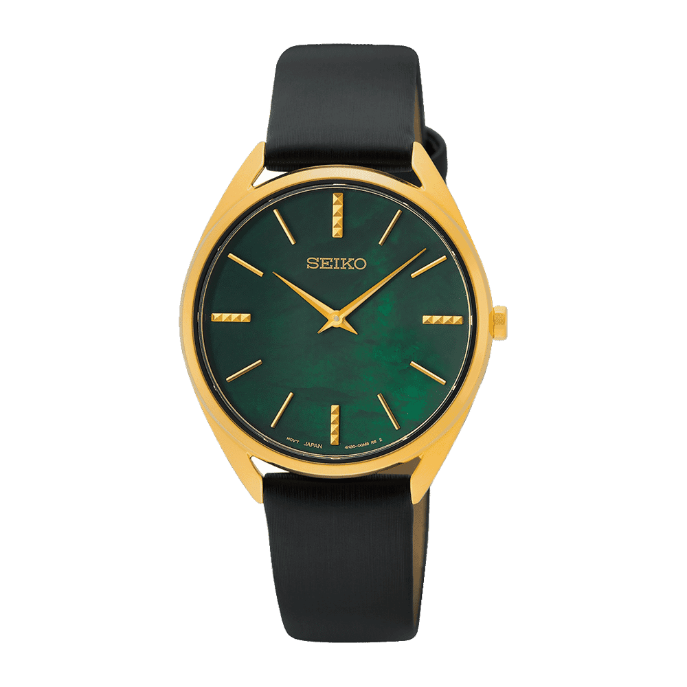 Seiko Women's Green Mother of Pearl Dial Black Leather Band Quartz Watch