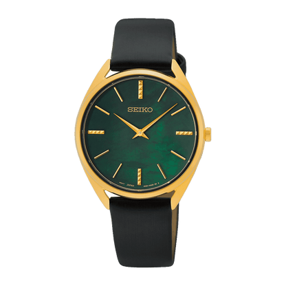 Seiko Women's Green Mother of Pearl Dial Black Leather Band Quartz Watch